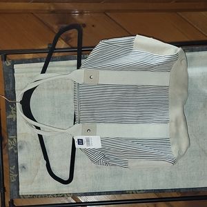 GAP canvas black and white pinstripe with light tan suede detail